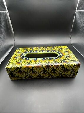 Hand-Painted Talavera Ceramic Tissue Box Cover in Bright Yellow and Navy